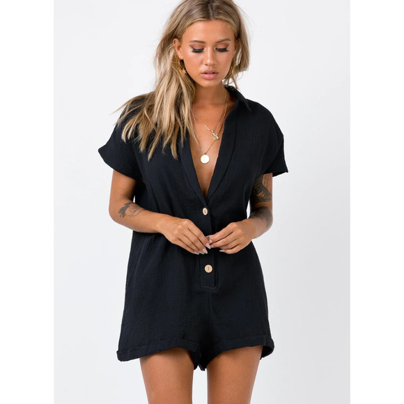 Princess Polly 6 Black Deep V-Neck Collared Short Sleeve Button Up Romper - Picture 1 of 7